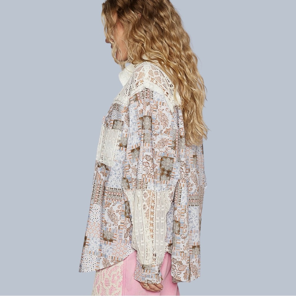 POL Unique Long Sleeve Contrast Crochet Woven Print Shirt - Picture 4 of 6